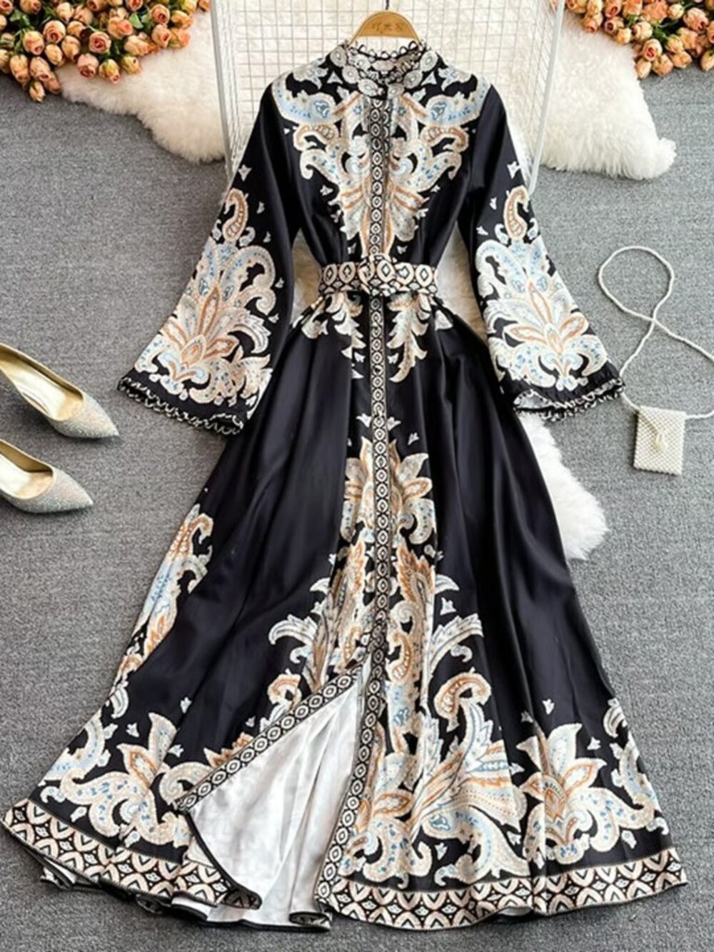 Chinese Vintage Floral High Waist Maxi Dress with Belt Size L